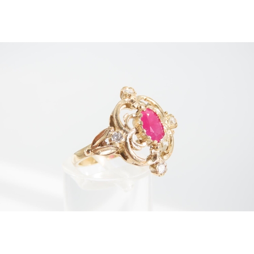 1344 - Ruby and Diamond Ladies Cluster Ring Mounted on 9 Carat Yellow Gold Band Attractively Detailed Ring ... 