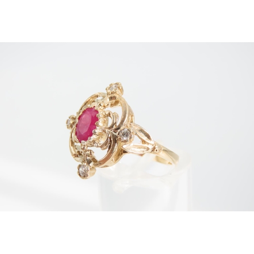 1344 - Ruby and Diamond Ladies Cluster Ring Mounted on 9 Carat Yellow Gold Band Attractively Detailed Ring ... 