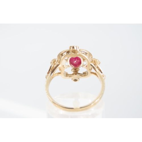 1344 - Ruby and Diamond Ladies Cluster Ring Mounted on 9 Carat Yellow Gold Band Attractively Detailed Ring ... 