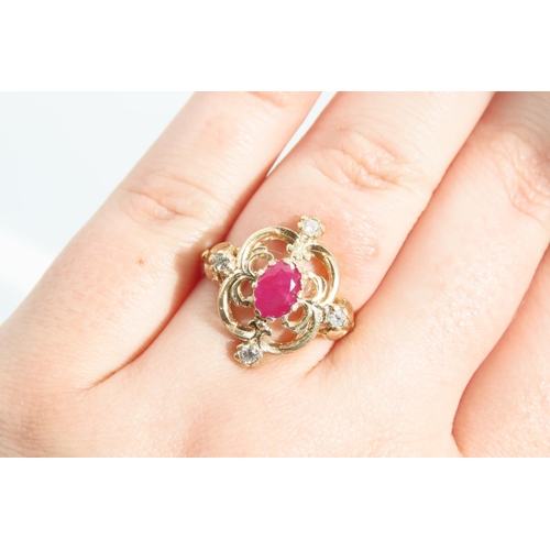 1344 - Ruby and Diamond Ladies Cluster Ring Mounted on 9 Carat Yellow Gold Band Attractively Detailed Ring ... 