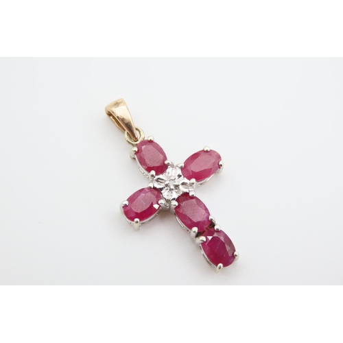 1346 - Ruby and Diamond Crucifix Motif Pendant Necklace Mounted on 9 Carat Yellow Gold Further Set on 9 Car... 