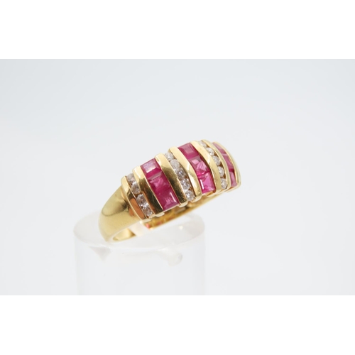 1349 - Ruby and Diamond Ladies Ring Mounted on 18 Carat Yellow Gold Band Ring Size O