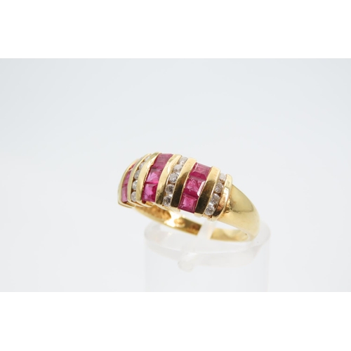 1349 - Ruby and Diamond Ladies Ring Mounted on 18 Carat Yellow Gold Band Ring Size O