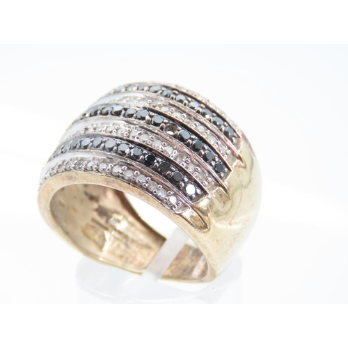 1352 - Diamond Seven Row Cluster Ring Mounted on 9 Carat Yellow Gold Band Modernist Form Ring Size Q Black ... 