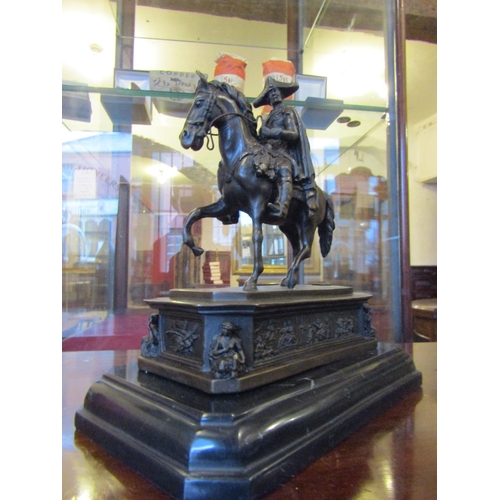 136 - Bronze Sculpture of Gentleman on Horse Marble Base Attractively Detailed