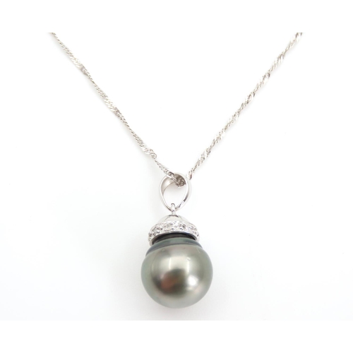 1363 - Pearl and Diamond Set Pendant 18 Carat Gold Set further Mounted on 18 Carat White Gold Chain. Pendan... 