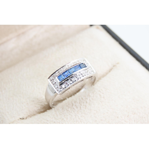 1364 - Sapphire and Diamond Panel Set 9 Carat White Gold Ring Attractively Detailed