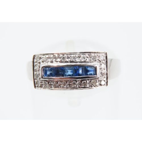 1364 - Sapphire and Diamond Panel Set 9 Carat White Gold Ring Attractively Detailed