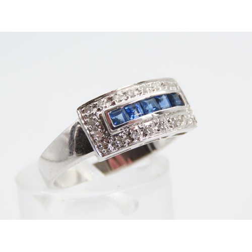 1364 - Sapphire and Diamond Panel Set 9 Carat White Gold Ring Attractively Detailed