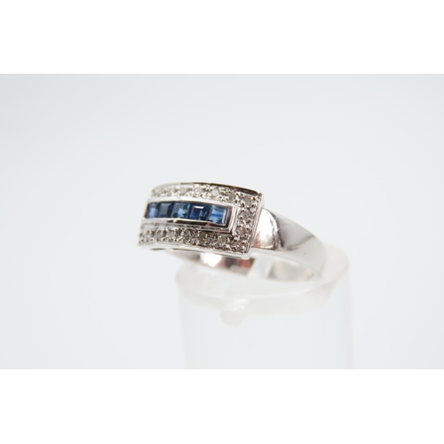 1364 - Sapphire and Diamond Panel Set 9 Carat White Gold Ring Attractively Detailed