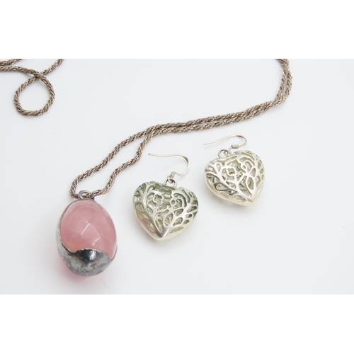 1381 - Rose Quartz Silver Mounted Pendant Necklace and Pair of Silver Heart Motif Earrings Open Filigree De... 