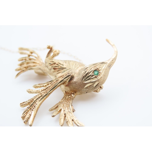 1382 - Kingfisher Motif 9 Carat Yellow Gold Ladies Brooch Emerald Set Finely Detailed 4cm Wide