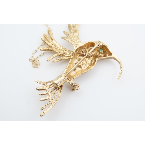 1382 - Kingfisher Motif 9 Carat Yellow Gold Ladies Brooch Emerald Set Finely Detailed 4cm Wide