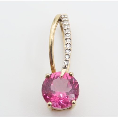 1383 - Pink Topaz and Diamond Set 9 Carat Yellow Gold Necklace Pendant 3cm High