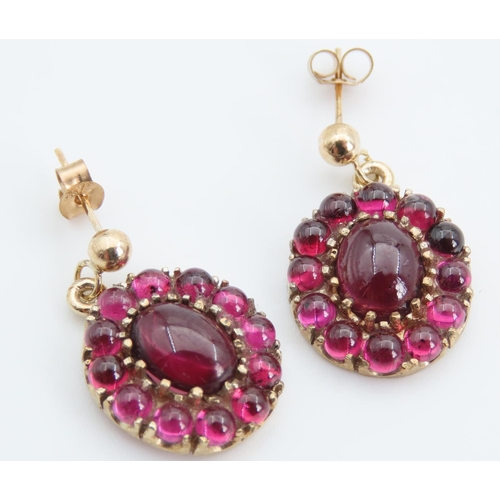 1384 - Pair of Red Garnet Cluster Earrings Mounted on 9 Carat Yellow Gold Each 2cm Drop