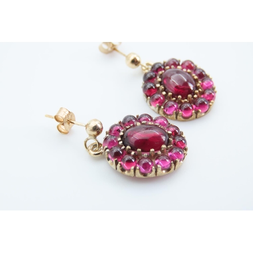 1384 - Pair of Red Garnet Cluster Earrings Mounted on 9 Carat Yellow Gold Each 2cm Drop