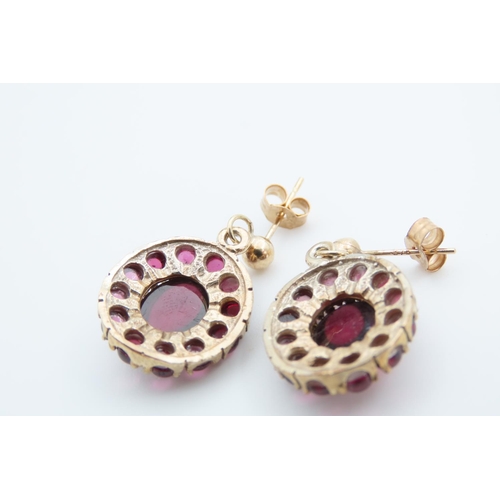 1384 - Pair of Red Garnet Cluster Earrings Mounted on 9 Carat Yellow Gold Each 2cm Drop