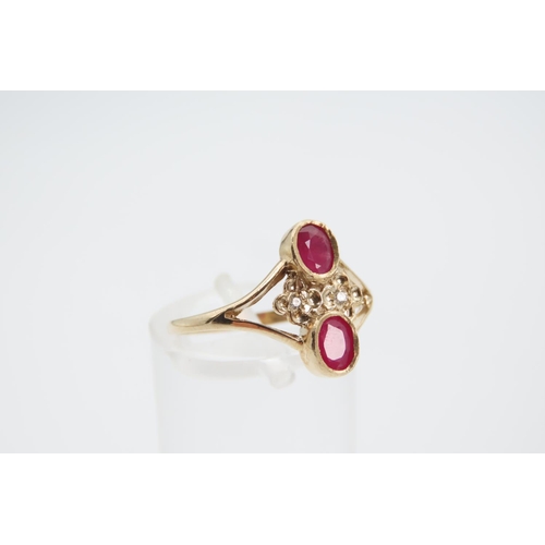 1386 - Ruby and Diamond Twin Stone Ring Mounted on 9 Carat Yellow Gold Band Ring Size N