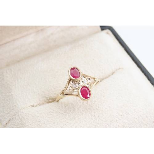 1386 - Ruby and Diamond Twin Stone Ring Mounted on 9 Carat Yellow Gold Band Ring Size N