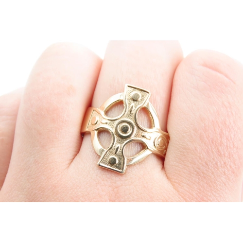 1387 - 9 Carat Yellow Gold Celtic Cross Motif Ring Size X