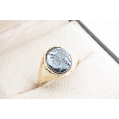 1388 - Hematite Intaglio Ring Mounted on 9 Carat Yellow Gold Band Ring Size T and a Half