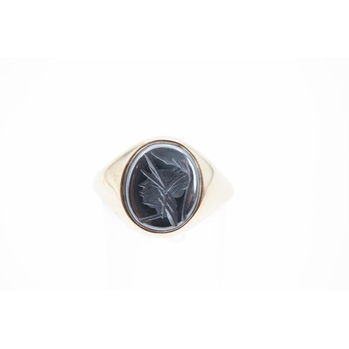 1388 - Hematite Intaglio Ring Mounted on 9 Carat Yellow Gold Band Ring Size T and a Half