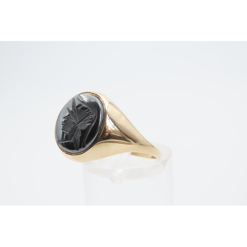 1388 - Hematite Intaglio Ring Mounted on 9 Carat Yellow Gold Band Ring Size T and a Half