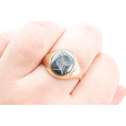 1388 - Hematite Intaglio Ring Mounted on 9 Carat Yellow Gold Band Ring Size T and a Half