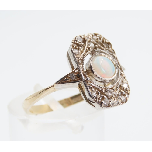 1390 - Opal and Diamond Panel Set Ladies Ring Mounted on 9 Carat Yellow Gold Band Ring Size O