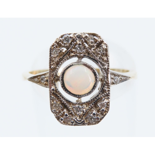 1390 - Opal and Diamond Panel Set Ladies Ring Mounted on 9 Carat Yellow Gold Band Ring Size O