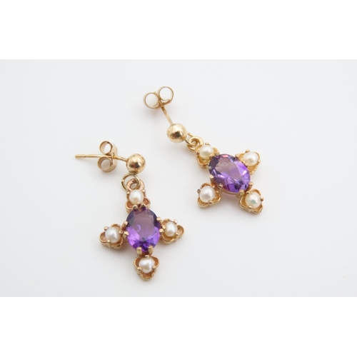 1391 - Pair of Amethyst and Pearl Set Ladies Earrings Mounted in 9 Carat Yellow Gold Each 1.5cm High