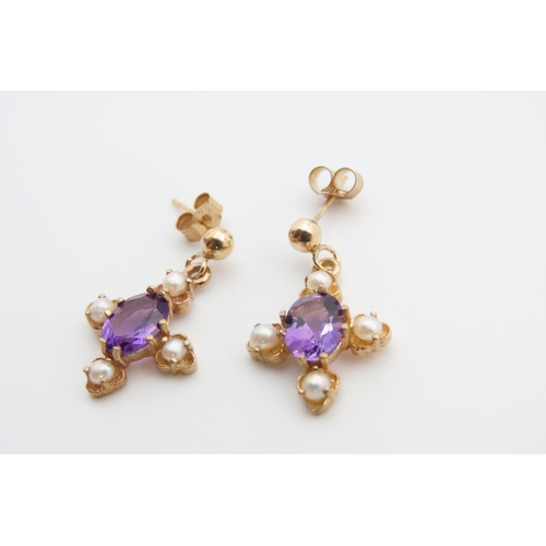 1391 - Pair of Amethyst and Pearl Set Ladies Earrings Mounted in 9 Carat Yellow Gold Each 1.5cm High