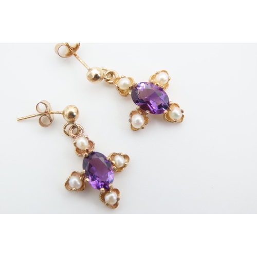 1391 - Pair of Amethyst and Pearl Set Ladies Earrings Mounted in 9 Carat Yellow Gold Each 1.5cm High