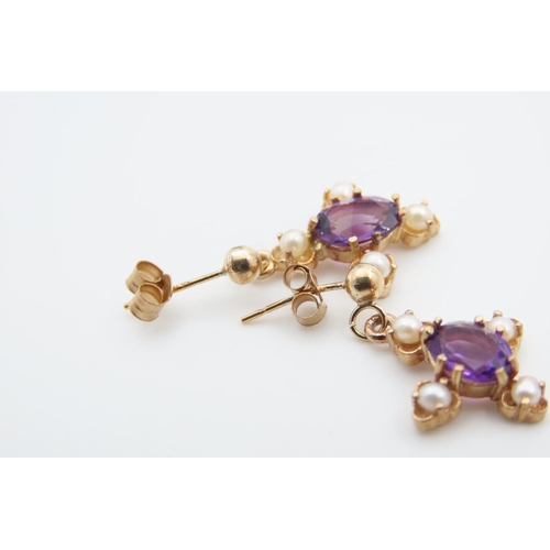 1391 - Pair of Amethyst and Pearl Set Ladies Earrings Mounted in 9 Carat Yellow Gold Each 1.5cm High