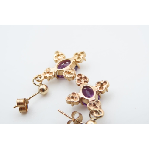 1391 - Pair of Amethyst and Pearl Set Ladies Earrings Mounted in 9 Carat Yellow Gold Each 1.5cm High