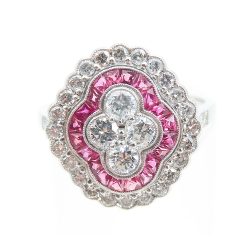 1395 - Ruby and Diamond Ladies Cluster Ring Finely Detailed Set in Platinum Mounted on Platinum Band Ring S... 