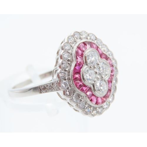 1395 - Ruby and Diamond Ladies Cluster Ring Finely Detailed Set in Platinum Mounted on Platinum Band Ring S... 