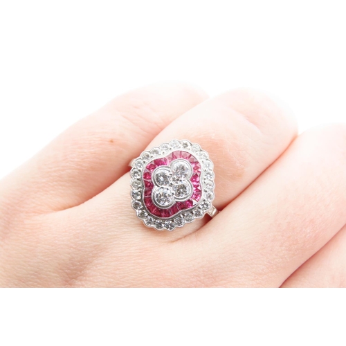 1395 - Ruby and Diamond Ladies Cluster Ring Finely Detailed Set in Platinum Mounted on Platinum Band Ring S... 