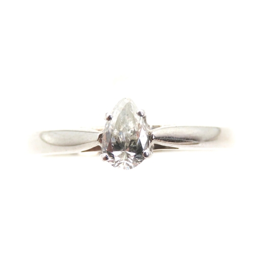 1398 - Diamond Solitaire Ring Pear Cut Mounted on Platinum Set on Platinum Band Ring Size O