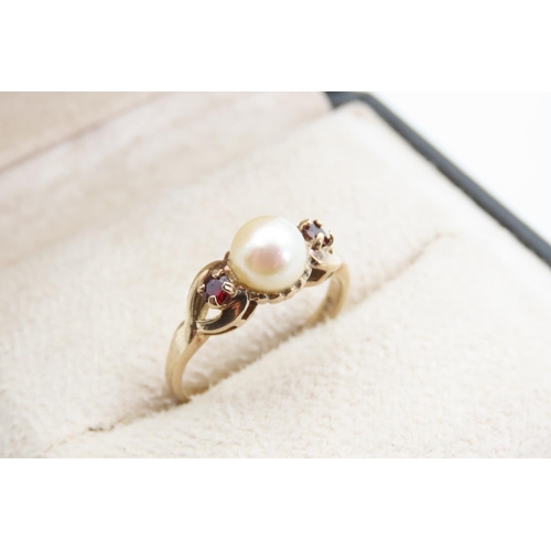 1412 - Pearl and Garnet Ladies Ring Mounted on 9 Carat Yellow Gold Ring Size M