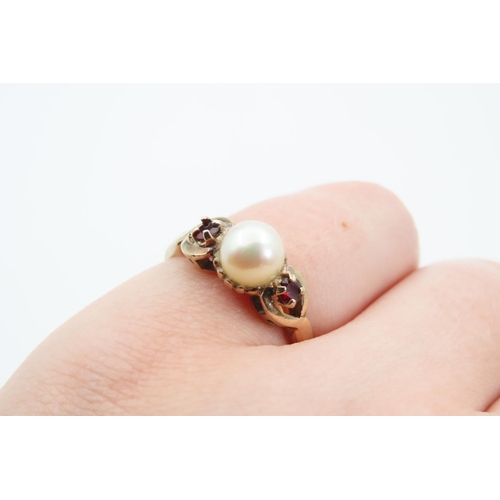 1412 - Pearl and Garnet Ladies Ring Mounted on 9 Carat Yellow Gold Ring Size M