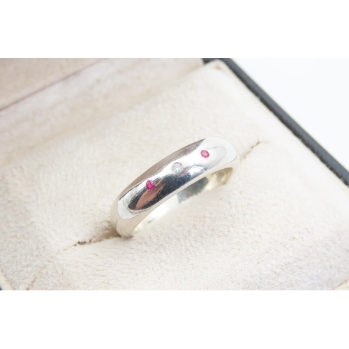 1416 - Polished Silver Ruby and Diamond Inset Ring Modernist Form Band Size V