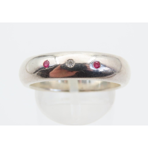 1416 - Polished Silver Ruby and Diamond Inset Ring Modernist Form Band Size V