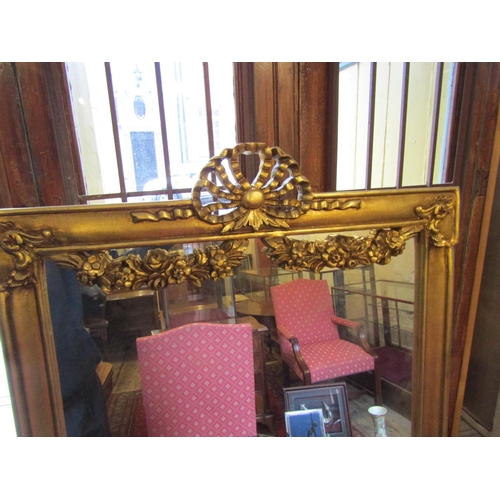 142 - Gilded Rectangular Form Wall Mirror Upper Ribbon Decoration Approximately 6ft High x 2ft 8 Inches Wi... 