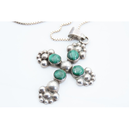 1421 - Malachite Silver Cross Form Pendant Mounted on Silver Chain Attractively Detailed Pendant 6cm High C... 