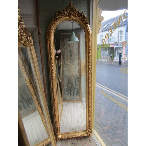 144 - Arch Top Gilded Wall Mirror Upper Cartouche Decoration Approximately 6ft High x 20 Inches Wide