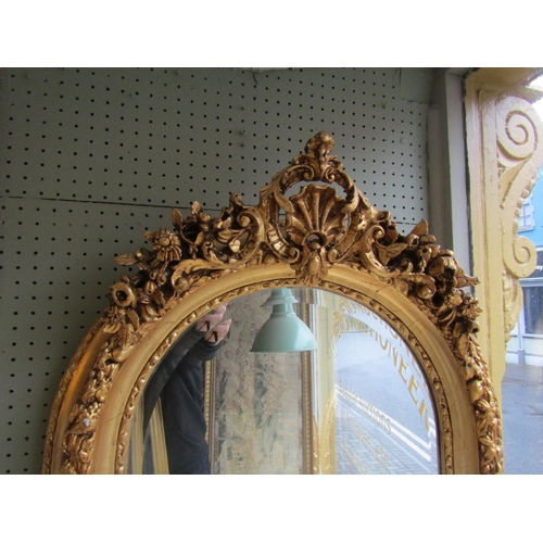 144 - Arch Top Gilded Wall Mirror Upper Cartouche Decoration Approximately 6ft High x 20 Inches Wide