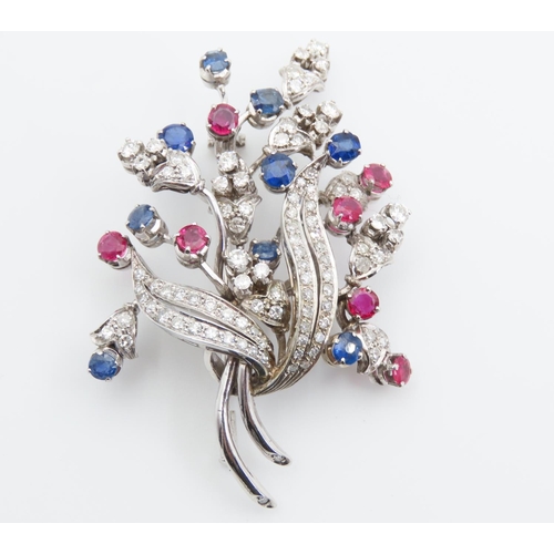 1444 - 18 Carat White Gold Diamond Set Ladies Sapphire and Ruby Brooch of High Colour and Scintillation Thr... 