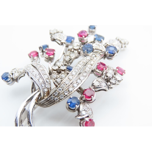 1444 - 18 Carat White Gold Diamond Set Ladies Sapphire and Ruby Brooch of High Colour and Scintillation Thr... 