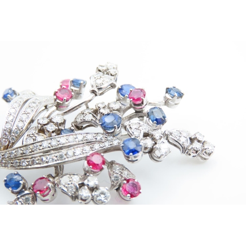 1444 - 18 Carat White Gold Diamond Set Ladies Sapphire and Ruby Brooch of High Colour and Scintillation Thr... 